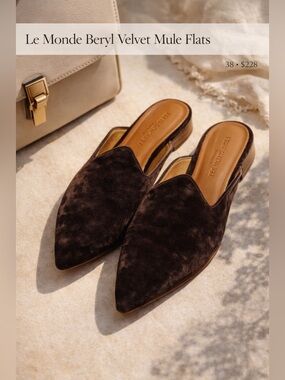 Le Monde Beryl Brown Velvet Mule Flats Pointed Toe Size 38 Made in Italy